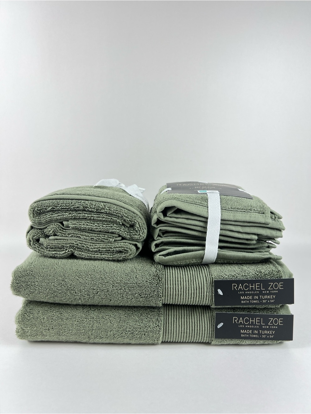 Rachel Zoe Bath Towel Set Dark Green Plush !00% Cotton Made in Turkey 9 Pc NEW